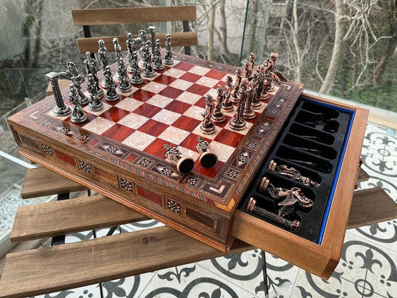 British Metal Chess Pieces With Ceramic Chess Board On Handmade Wood, Chess  Set