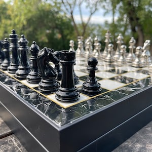 Vip Customize Wooden Marble Patterned Chess Set, Chess Board Sets with Metal Black-Silver Chess Pieces, Chess Set Handmade