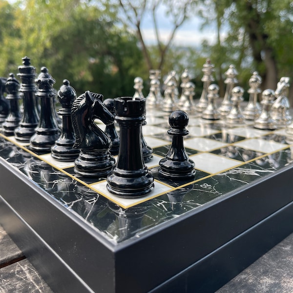 Vip Customize Wooden Marble Patterned Chess Set, Chess Board Sets with Metal Black-Silver Chess Pieces, Chess Set Handmade