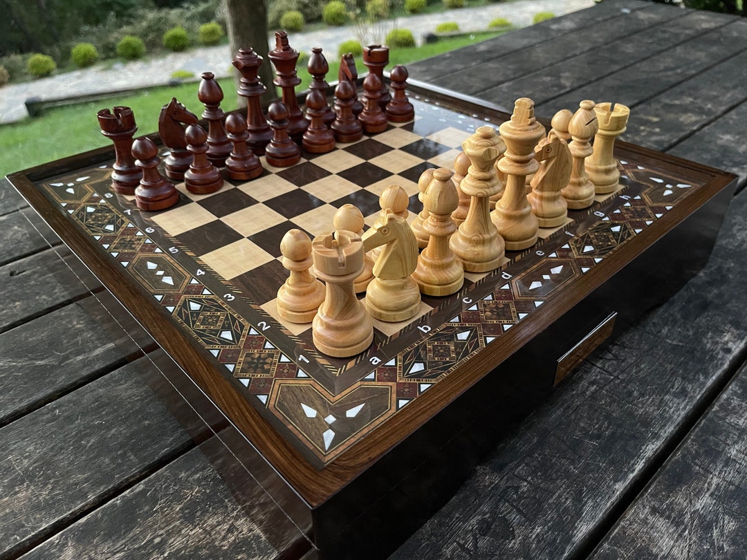 British Metal Chess Pieces With Ceramic Chess Board On Handmade Wood, Chess  Set