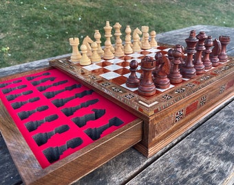 15.3" Custom Luxury Chess Set, Personalized Chess Set Handmade, Chess Sets with Board, Boxwood Chess Pieces, Chess Storage Box