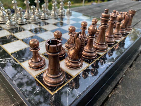 British Metal Chess Pieces With Ceramic Chess Board On Handmade Wood, Chess  Set