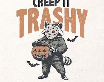 Halloween raccoon digital design - Retro halloween t-shirt graphic - Creep it trashy PNG - Fall sublimation design - DTG printable file