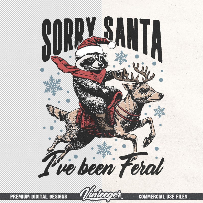 PNG di Natale retrò – Divertente procione con cappello di Babbo Natale Grafica per t-shirt e decorazioni – Design natalizio per sublimazione e DTG immagine 6