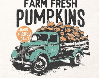 Farm fresh pumpkins Png | Retro fall design | Fall sublimation png | Vintage fall graphic | Autumn shirt print Png | Pumpkins truck Png
