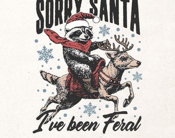 Retro Christmas PNG – Funny Raccoon with Santa Claus hat Graphic for t-shirts and decoration – Christmas design for sublimation and DTG