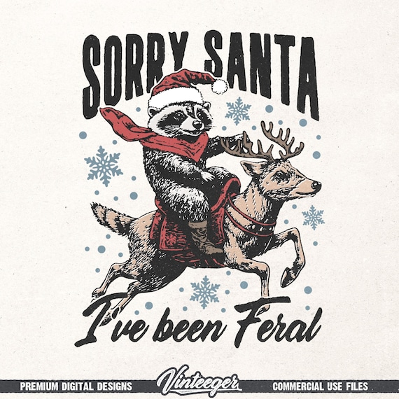 Retro Christmas PNG – Funny Raccoon with Santa Claus hat Graphic for t-shirts and decoration – Christmas design for sublimation and DTG