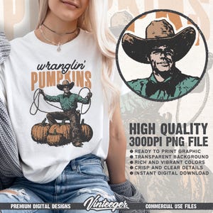 Retro herfstsublimatieontwerp png – Westerncowboy-pompoenafbeelding voor T-shirtafdrukken en decoratie - digitale herfstdownload voor het land afbeelding 2