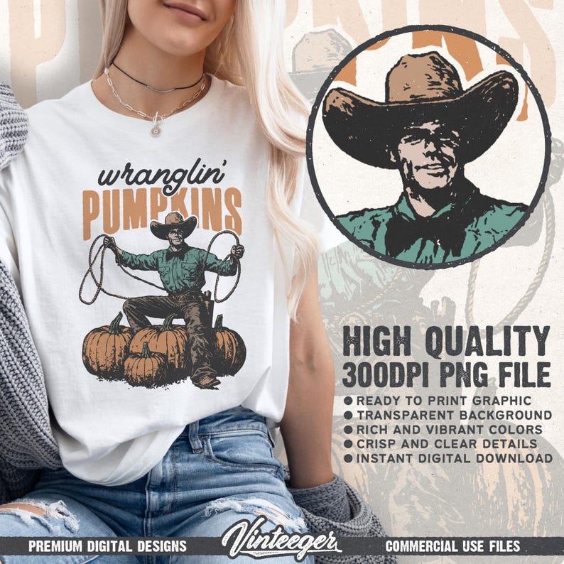 Retro herfstsublimatieontwerp png – Westerncowboy-pompoenafbeelding voor T-shirtafdrukken en decoratie - digitale herfstdownload voor het land afbeelding 2