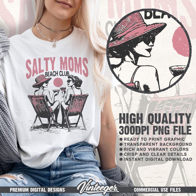 Salty moms beach club PNG, Retro summer printable graphic, Vintage beach t-shirt design PNG, Trendy summer sublimation design image 2