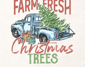 Árboles de Navidad frescos de granja PNG / Diseño de sublimación / Descarga instantánea / Diseño navideño vintage / Camión navideño retro PNG / Vacaciones PNG