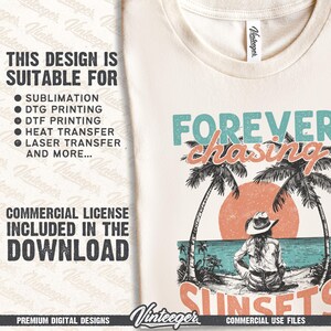 Forever chasing sunsets Png | Beach cowgirl design | Beach shirt sublimation | Summer T-shirt design | Retro beach design Png | Digital image 3