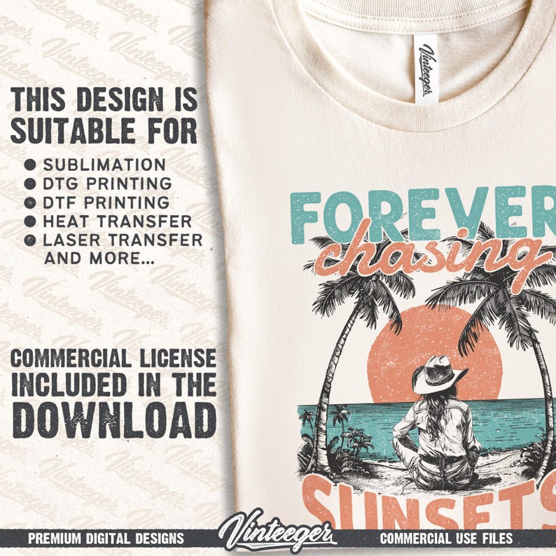 Forever chasing sunsets Png | Beach cowgirl design | Beach shirt sublimation | Summer T-shirt design | Retro beach design Png | Digital image 3
