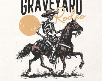 Rodéo au cimetière Png | Conception de chemise d'Halloween | Graphisme rétro d'Halloween | Western Halloween PNG | Squelette de cow-boy png | Modèle d'automne occidental