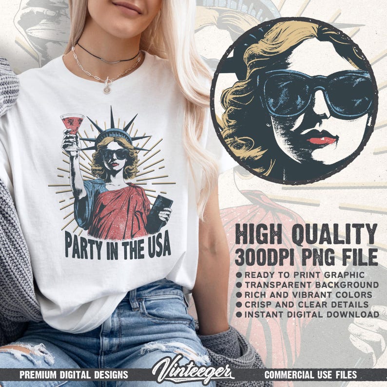 Fiesta en EE. UU. Png / Sublimación del 4 de julio / Diseño de camiseta del Día de la Independencia / Diseño patriótico Png / Impresión de camiseta de la Estatua de la Libertad imagen 2