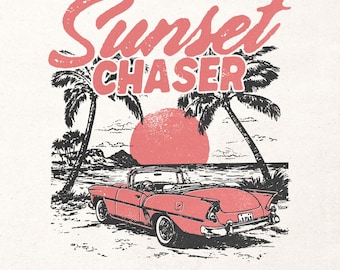 Sunset chaser retro summer PNG, vintage beach t-shirt design, aesthetic sunset car clipart, palm tree tropical print, Retro beach printable