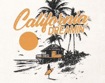 California dreamin' PNG, Retro beach t-shirt design, Coastal girl PNG, Vintage summer printable design, Surfing tshirt graphic, Digital