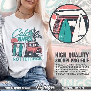 Catch waves not feelings Png | Retro summer shirt design | Funny beach shirt Png | Retro van with surfboards | Vintage summer design image 2