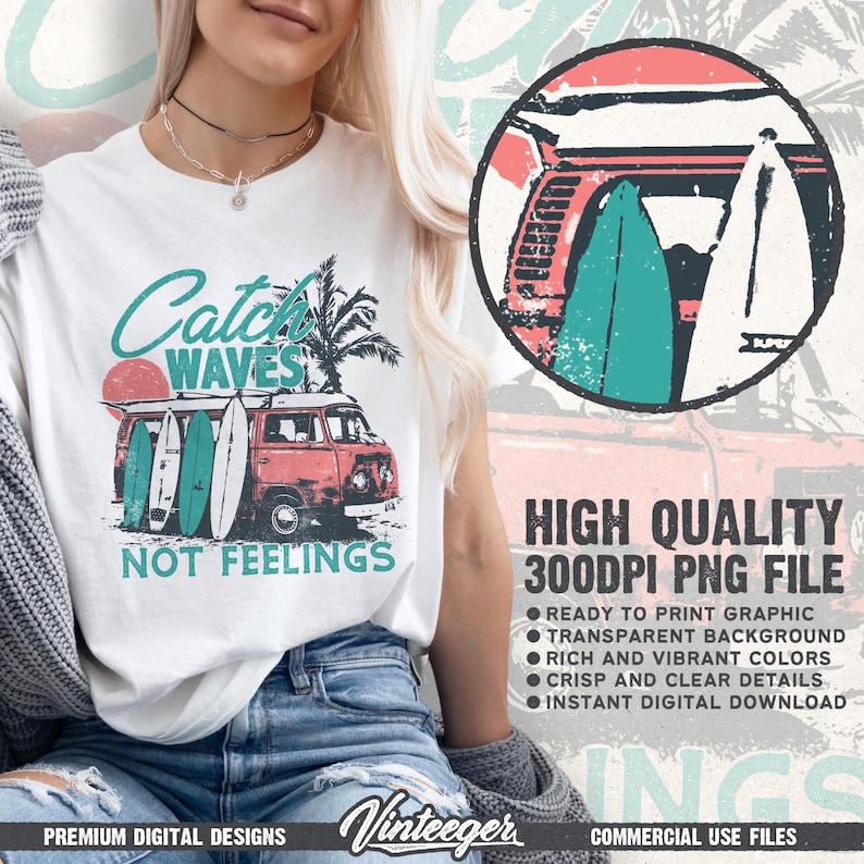 Catch waves not feelings Png | Retro summer shirt design | Funny beach shirt Png | Retro van with surfboards | Vintage summer design image 2