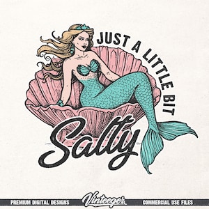 Just a little bit salty Png | Mermaid shirt design | Retro summer sublimation Png | Beach shirt design | Retro summer design Png | Digital image 1