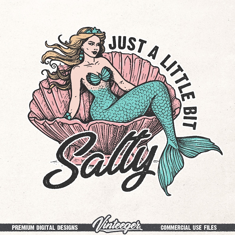 Just a little bit salty Png | Mermaid shirt design | Retro summer sublimation Png | Beach shirt design | Retro summer design Png | Digital image 1
