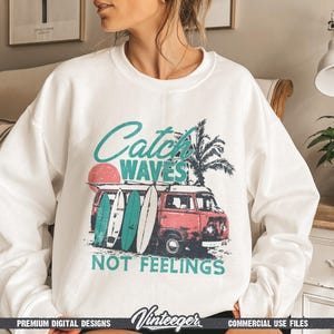 Catch waves not feelings Png | Retro summer shirt design | Funny beach shirt Png | Retro van with surfboards | Vintage summer design image 5