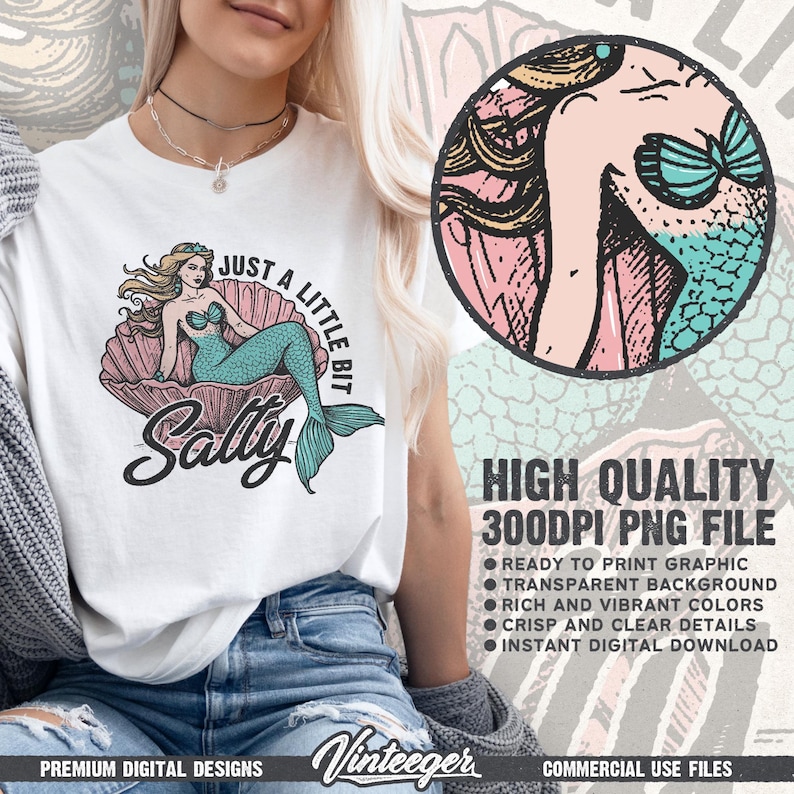Just a little bit salty Png | Mermaid shirt design | Retro summer sublimation Png | Beach shirt design | Retro summer design Png | Digital image 2