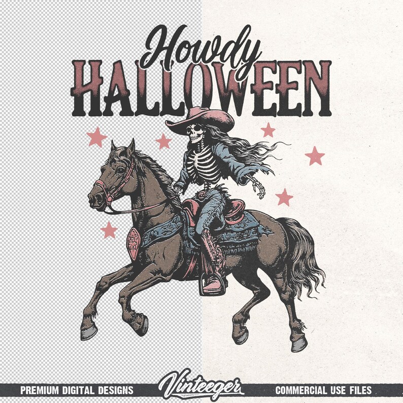 Op de afbeelding: Vintage illustratie van een skelet-cowgirl op een bruin paard. Het skelet draagt een cowboyhoed en blauwe kleding. De woorden "Howdy Halloween" staan boven het paard, met roze sterren. De afbeelding heeft een verweerde, getextureerde uitstraling.