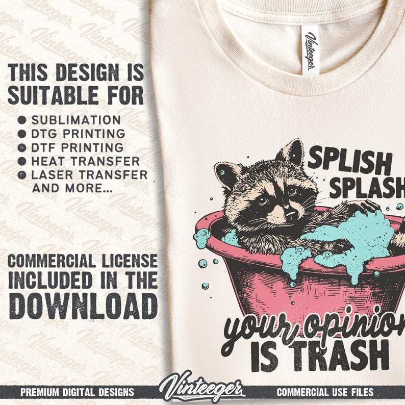 Splash splash your opinion is trash Png | Funny raccoon shirt design | Funny quote design Png | Dopamine shirt design | Humour saying Png image 3