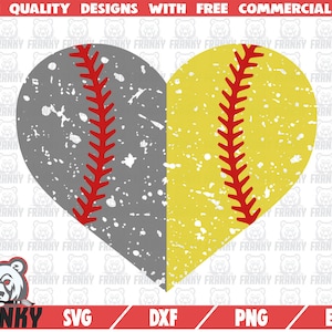 Split Baseball Softball heart SVG - DXF file - Cut file - Grunge baseball svg - Baseball shirt svg - Softball shirt svg - Baseball ball svg