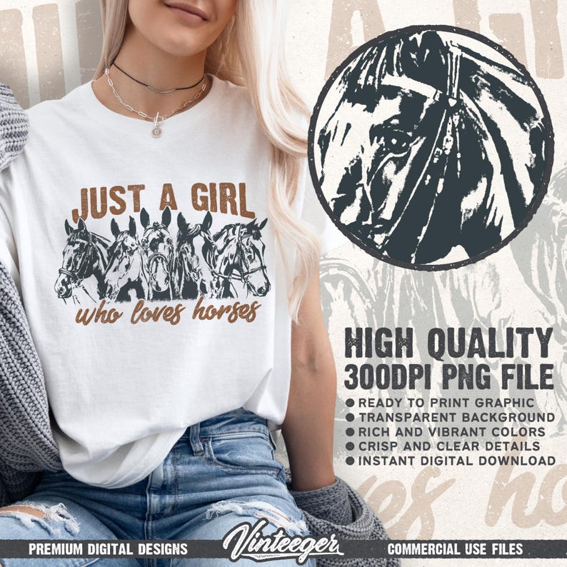 Gewoon een meisje dat van paarden houdt, png | Western-shirtontwerp, png | Sublimatie van plattelandsmeisjes | Paardenliefhebber Png | Retro paardillustratie png afbeelding 2