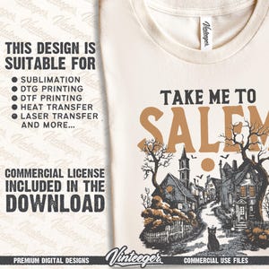 May include: Cream-colored t-shirt with the text "Take Me To Salem" in brown. The design features a vintage illustration of a town with a black cat, trees, and buildings. The left side of the shirt has text about design suitability and commercial license.