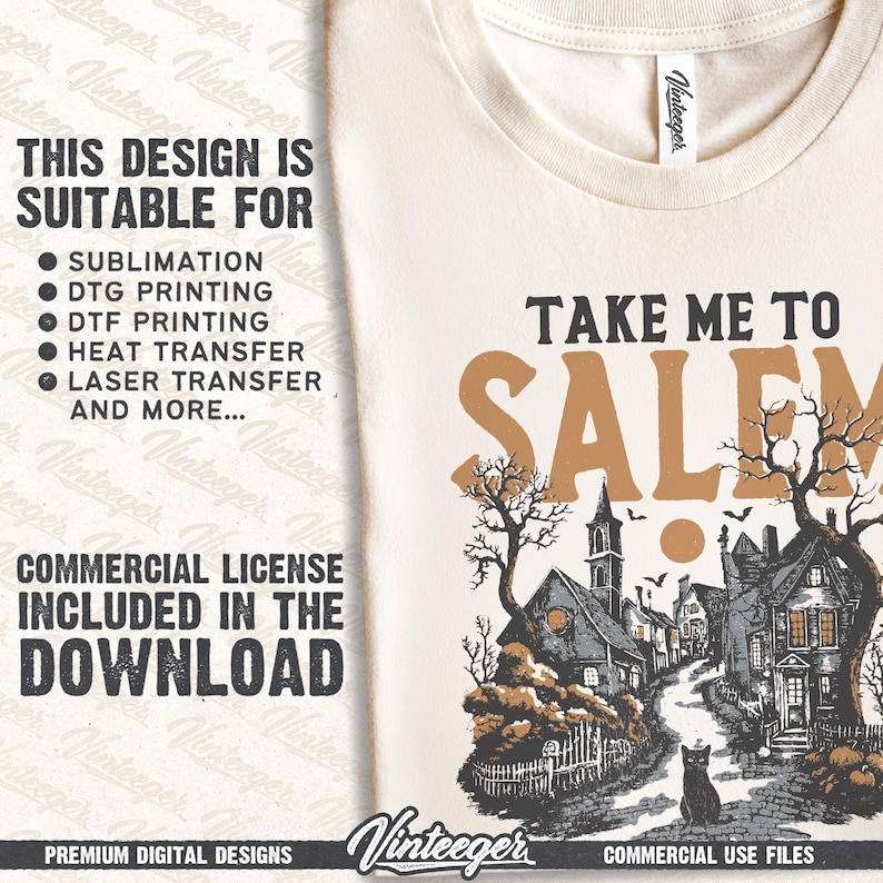 May include: Cream-colored t-shirt with the text "Take Me To Salem" in brown. The design features a vintage illustration of a town with a black cat, trees, and buildings. The left side of the shirt has text about design suitability and commercial license.