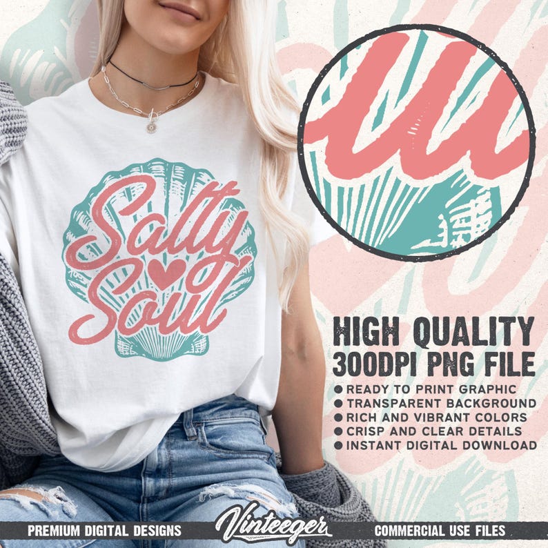 Salty soul Png | Beach shirt design | Seashell Png | Retro summer sublimation Png | Beach girl shirt print | Tropical design Png | Digital image 2