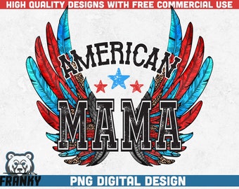 American Mama PNG | Sublimation design | Instant downoad | 4th of july shirt print | Patriotic wings png | USA mother png | Retro design png