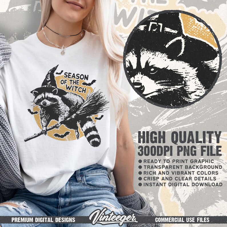 Season of the witch Png | Halloween shirt design | Retro halloween png | Raccoon sublimation Png | Fall shirt design | Funny halloween Png image 2