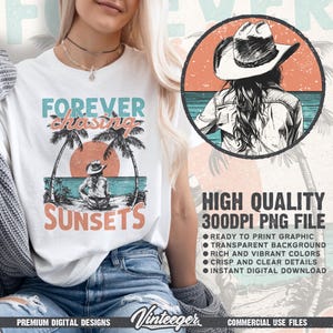 Forever chasing sunsets Png | Beach cowgirl design | Beach shirt sublimation | Summer T-shirt design | Retro beach design Png | Digital image 2