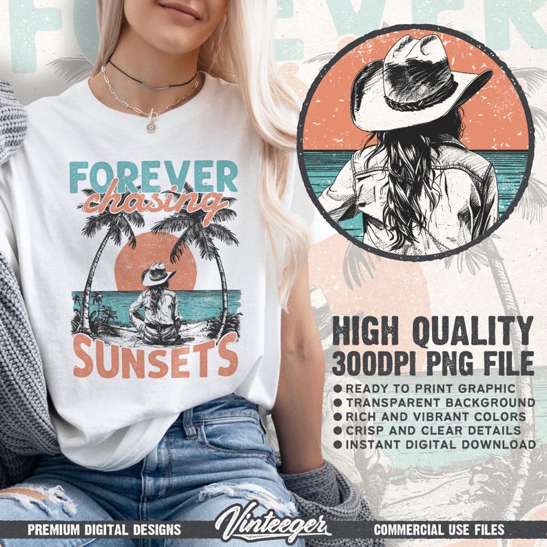 Forever chasing sunsets Png | Beach cowgirl design | Beach shirt sublimation | Summer T-shirt design | Retro beach design Png | Digital image 2