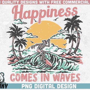 Geluk komt in golven PNG | Direct downloaden | Sublimatie ontwerp | Retro zomer png | Vintage strandshirt png | Groovy zomerontwerp png