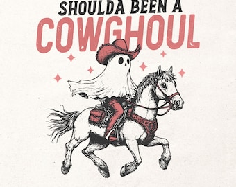Western Halloween girl digital design - Retro cowgirl t-shirt graphic - Shoulda been a cowghoul PNG - Funny Halloween DTG design - Fall PNG