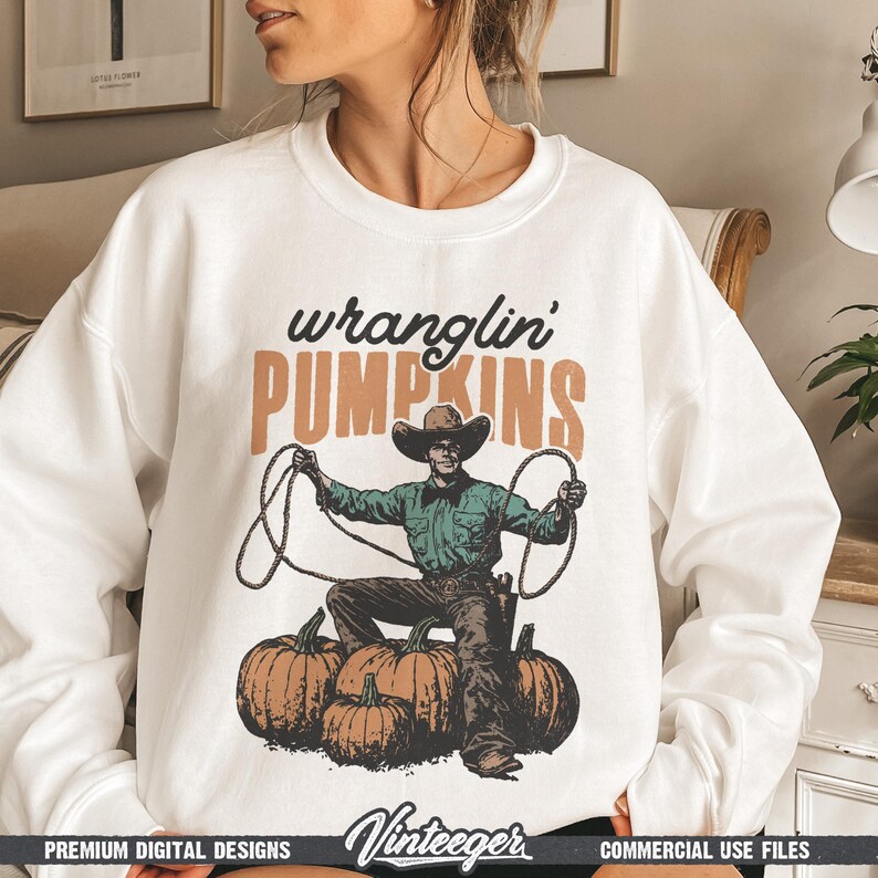 Retro herfstsublimatieontwerp png – Westerncowboy-pompoenafbeelding voor T-shirtafdrukken en decoratie - digitale herfstdownload voor het land afbeelding 5