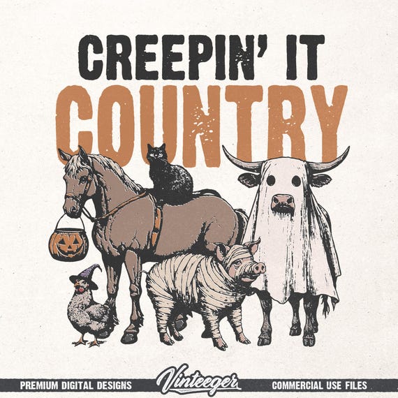 Country Halloween digital design - Funny western T-shirt graphic - Creepin' it country PNG - Fall DTG printable design - Farm animals PNG