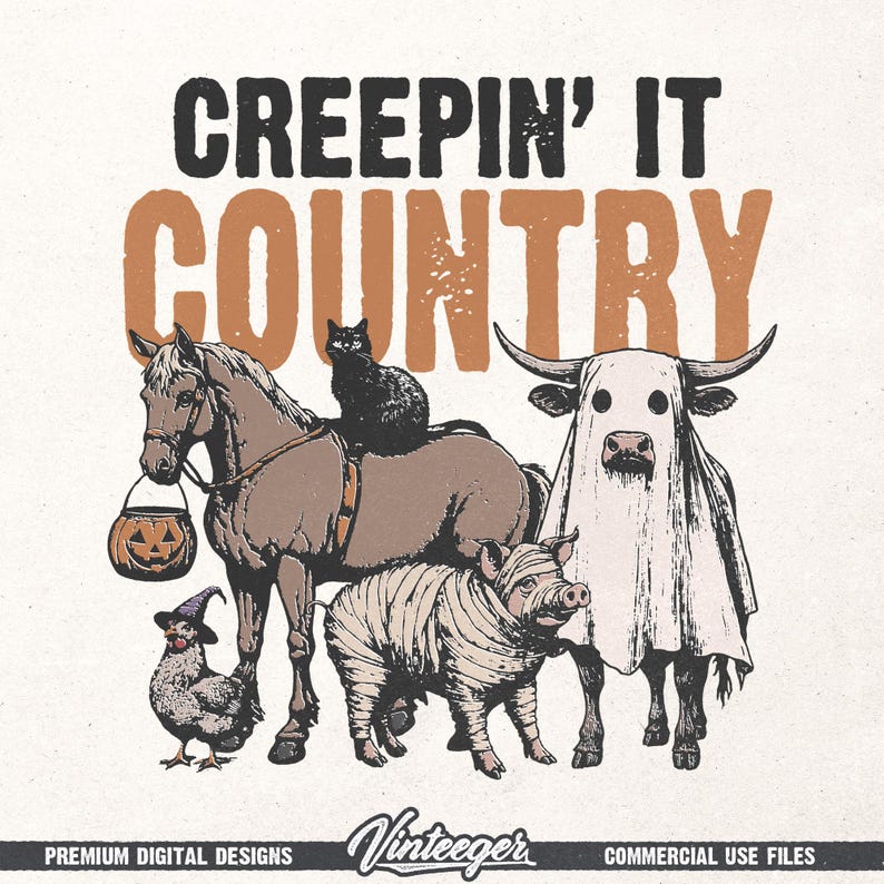 May include: A Halloween-themed graphic with the text "CREEPIN' IT COUNTRY." The image features a horse with a black cat, a cow in a ghost costume, a pig wrapped in bandages, and a chicken wearing a witch hat, all in a vintage style.