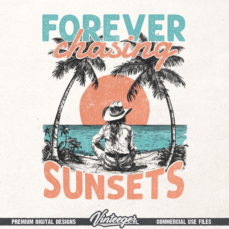 Forever chasing sunsets Png | Beach cowgirl design | Beach shirt sublimation | Summer T-shirt design | Retro beach design Png | Digital image 1