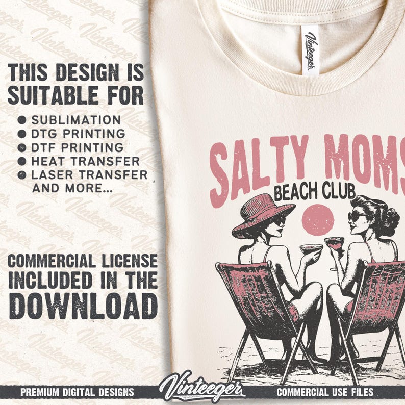 Salty moms beach club PNG, Retro summer printable graphic, Vintage beach t-shirt design PNG, Trendy summer sublimation design image 3