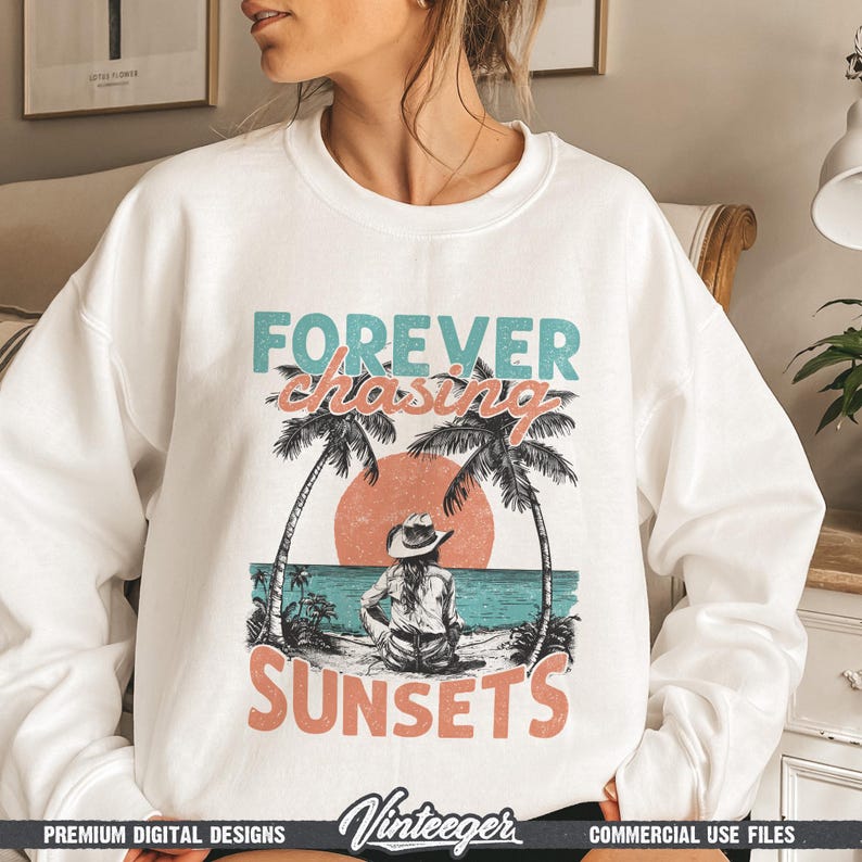 Forever chasing sunsets Png | Beach cowgirl design | Beach shirt sublimation | Summer T-shirt design | Retro beach design Png | Digital image 5