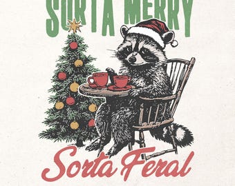 Divertente procione natalizio PNG – Grafica retrò per maglietta natalizia per stampa a sublimazione e DTG – Design natalizio selvaggio – Regalo di Natale PNG
