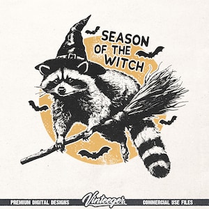 Season of the witch Png | Halloween shirt design | Retro halloween png | Raccoon sublimation Png | Fall shirt design | Funny halloween Png image 1