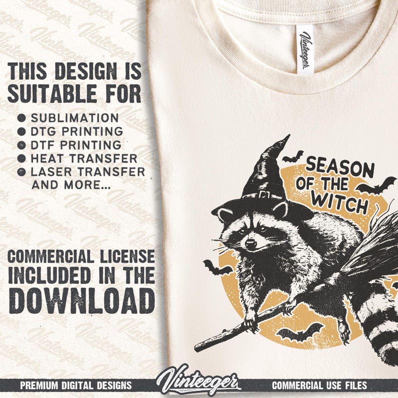 Season of the witch Png | Halloween shirt design | Retro halloween png | Raccoon sublimation Png | Fall shirt design | Funny halloween Png image 3