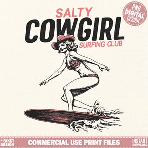 Salty cowgirl surfing club PNG, Coastal cowgirl t-shirt graphic PNG, Western summer digital design, Beach cowgirl printable graphic, Digital